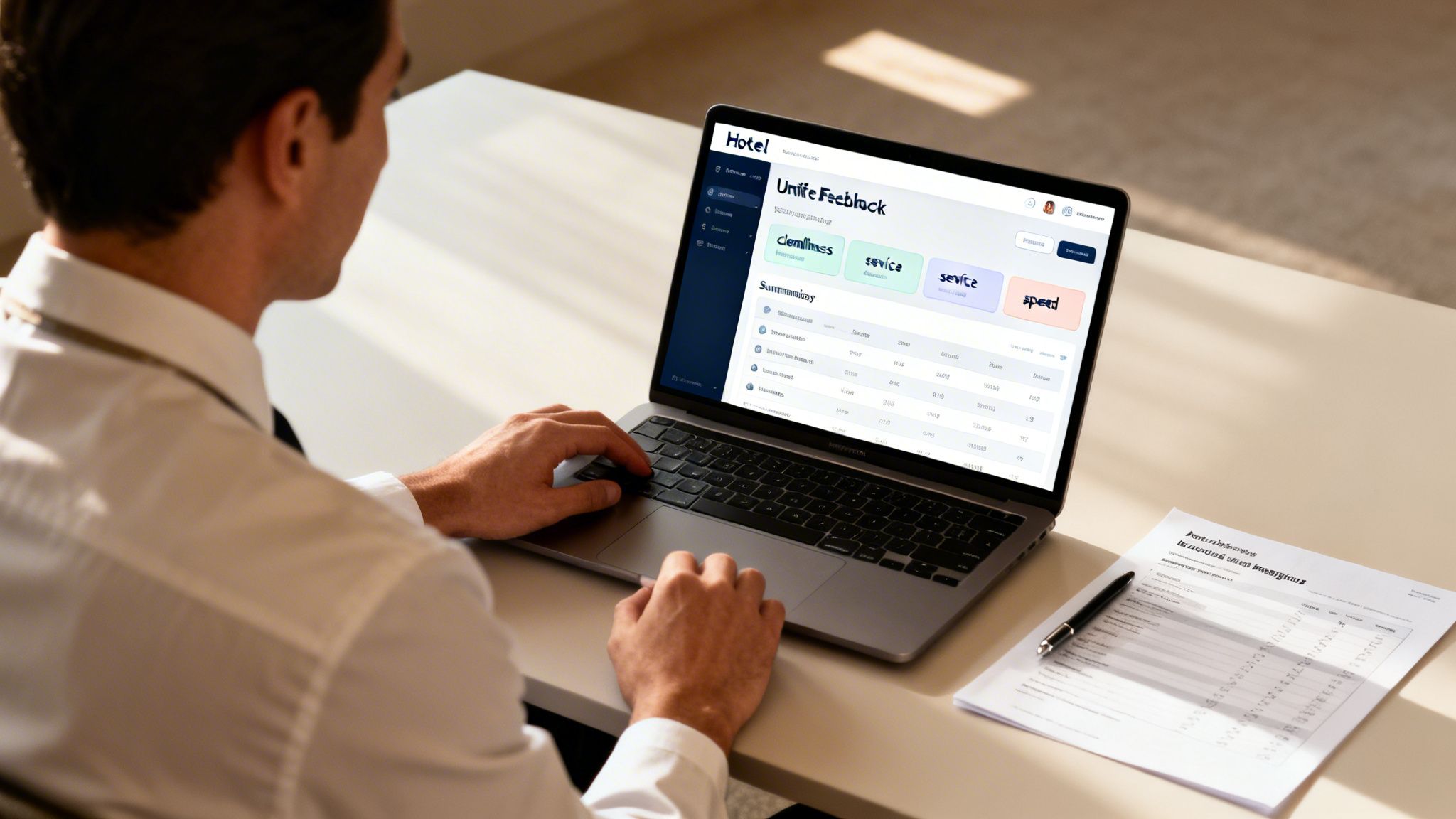 Man in a white shirt working on a laptop displaying a hotel feedback dashboard.