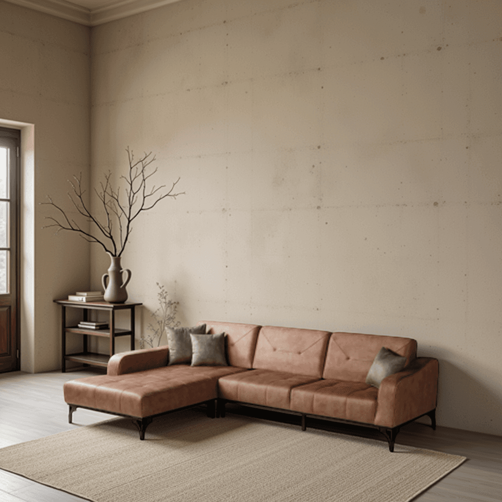 Tan suede sectional with tufted seats and black metal legs.