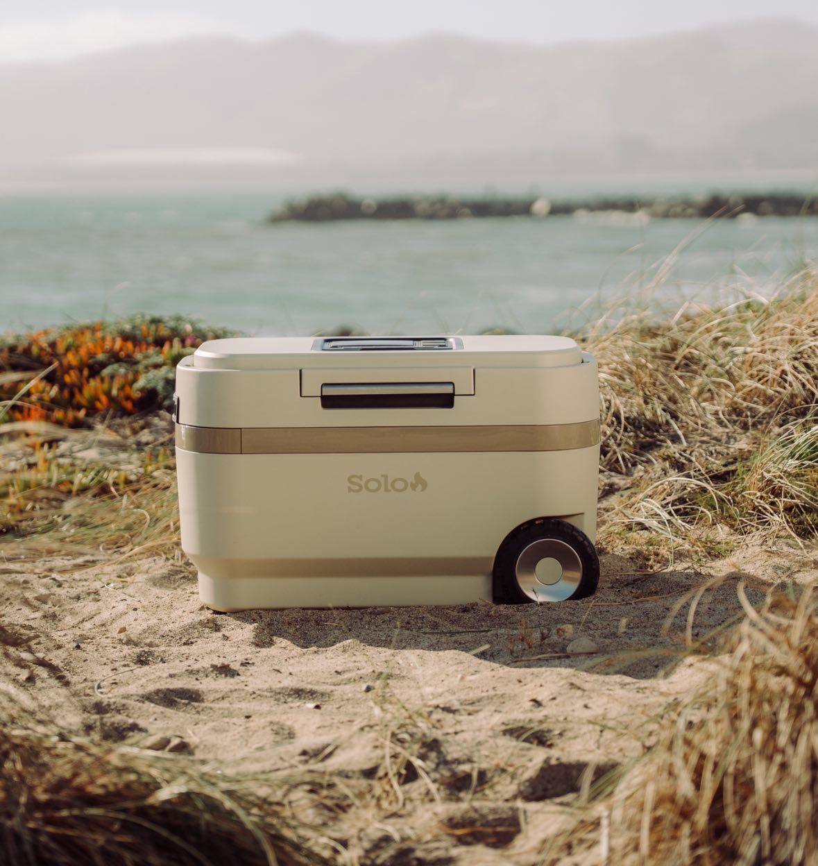 Cream wheeled cooler with a bronze band, sitting in the sand among dune grass with the water and hills behind