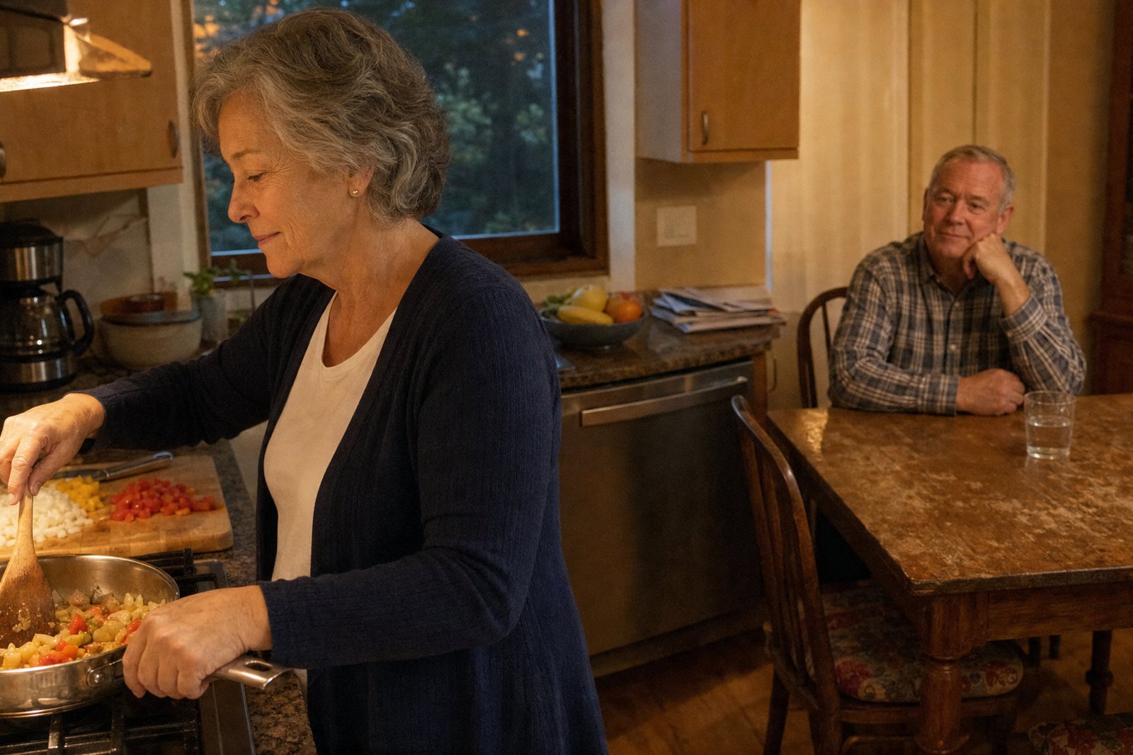 A woman at the stove stirring a pan with her husband sitting at the kitchen table behind her with a glass of water in evening light.