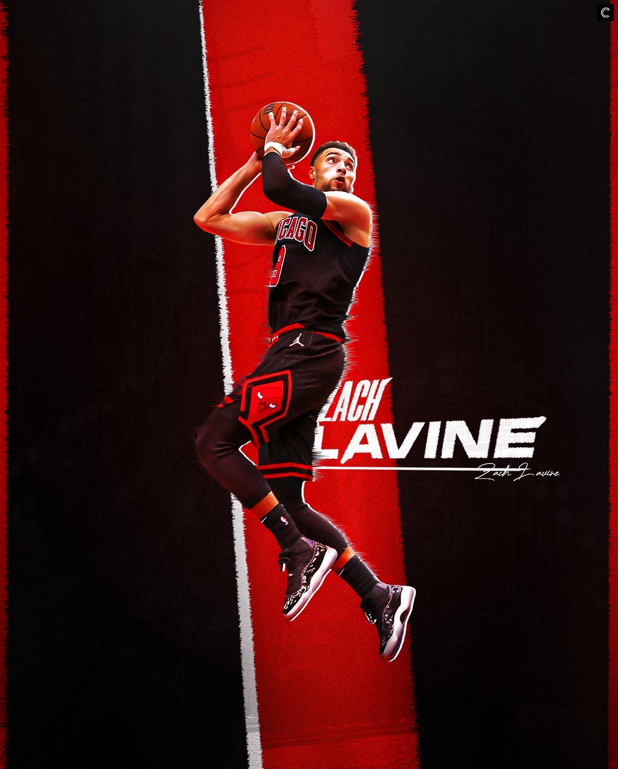 A dynamic Zach Lavine leaps against a bold black and red backdrop, showcasing athleticism and energy.
