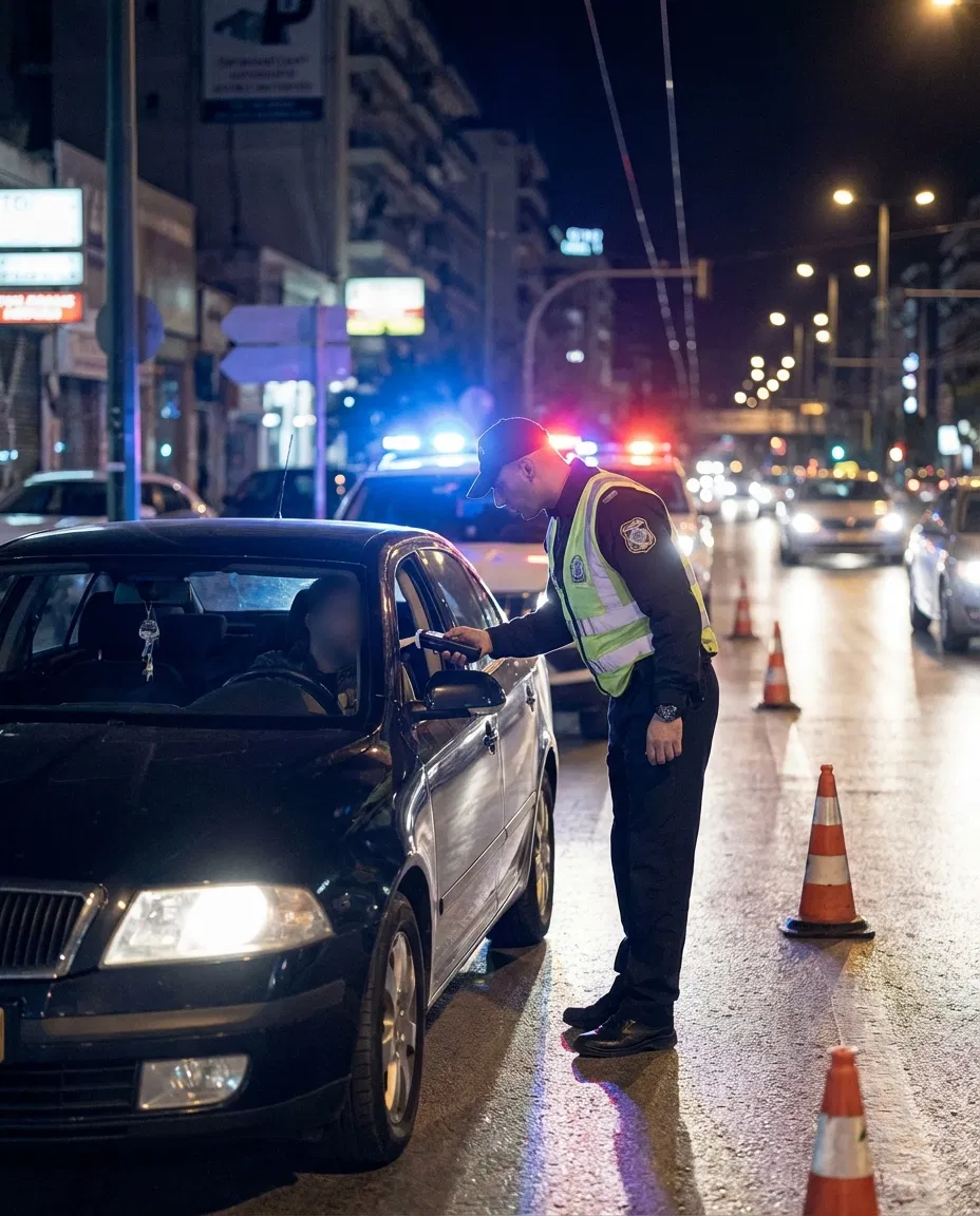 Traffic police conducting a nighttime breathalyzer check
