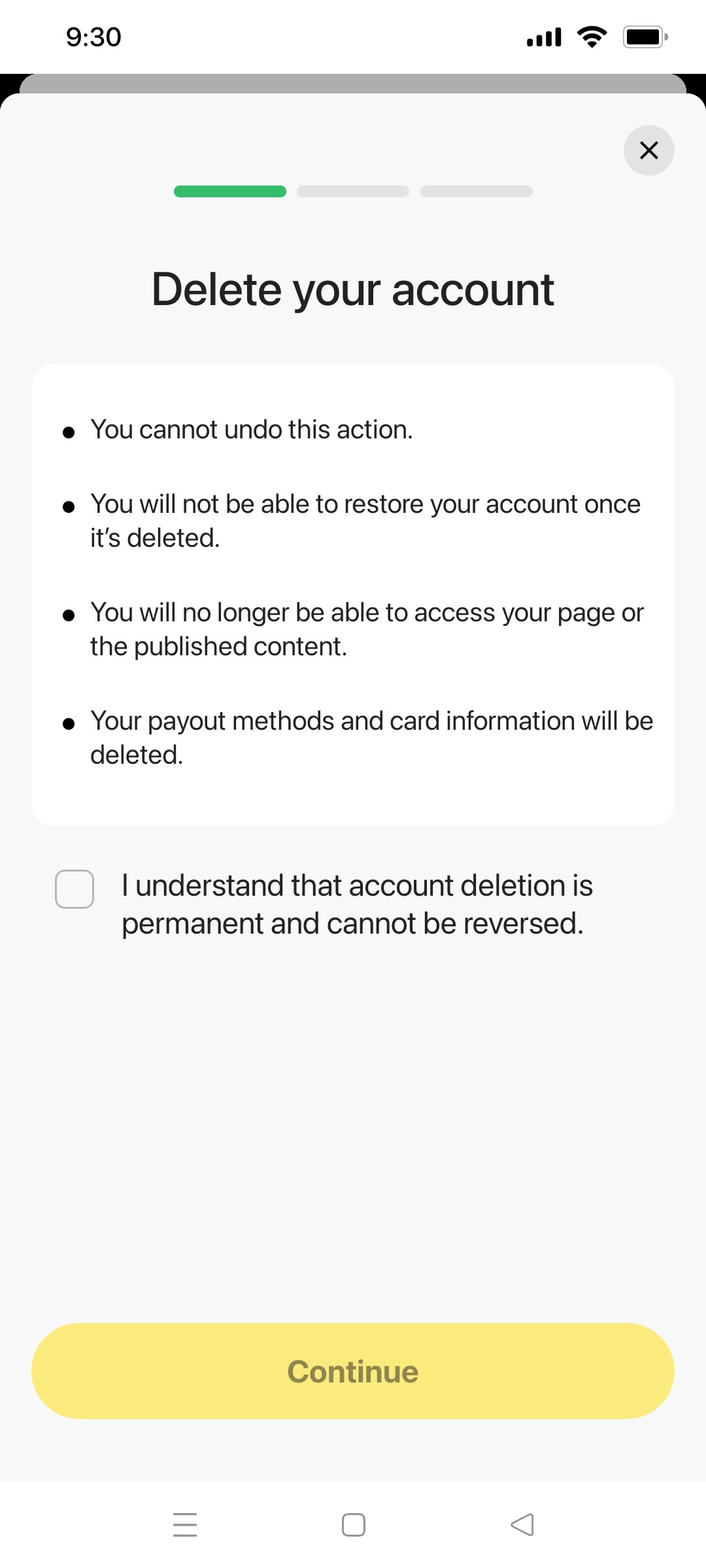 buy me a coffee Delete account 1 screen