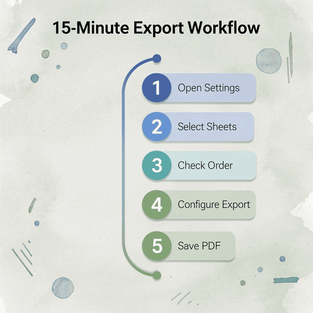 Numbered steps infographic showing the 15-minute PDF export workflow