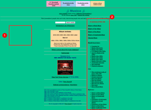 Annotated screenshot. Labeled #1 is a red rectangle highlighting the patterned background of the website. Labeled #2 is a rectangle highlighting a bunch of text that is aligned to the right. Labeled #3 is a rectangle highlighting a bunch of linked text