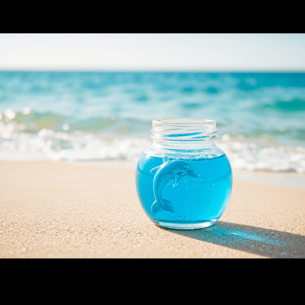 product photography of a small glass jar containing a blue liquid with decorative elements