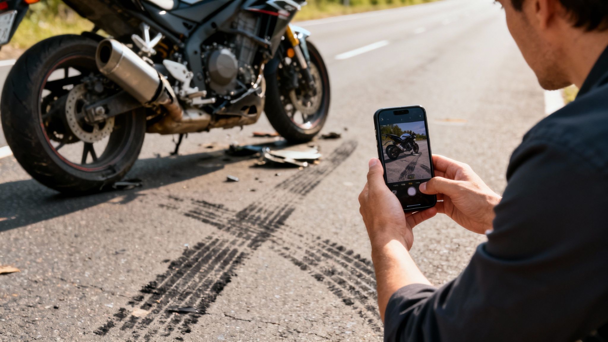 A person uses a smartphone to photograph a crashed motorcycle on a road with skid marks, documenting the accident scene.