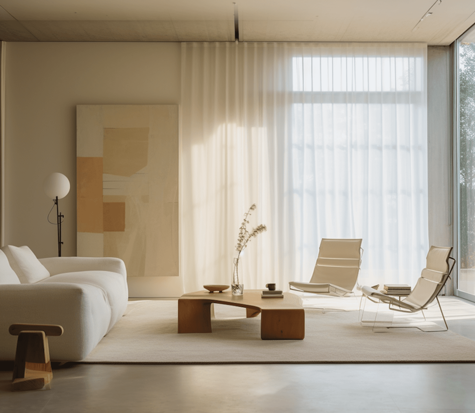 Serene neutral-toned living room with cream curved sofa, geometric wooden coffee table, abstract beige artwork, and sheer curtains filtering natural light
