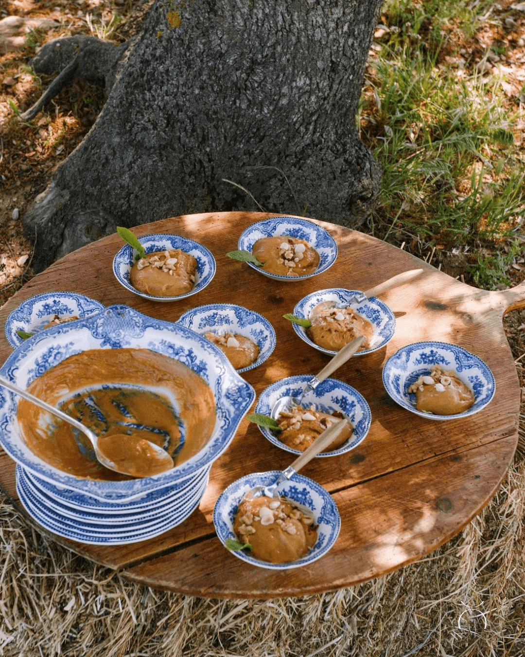 Blue and white ceramic bowls of soup served on a rustic wooden table outdoors