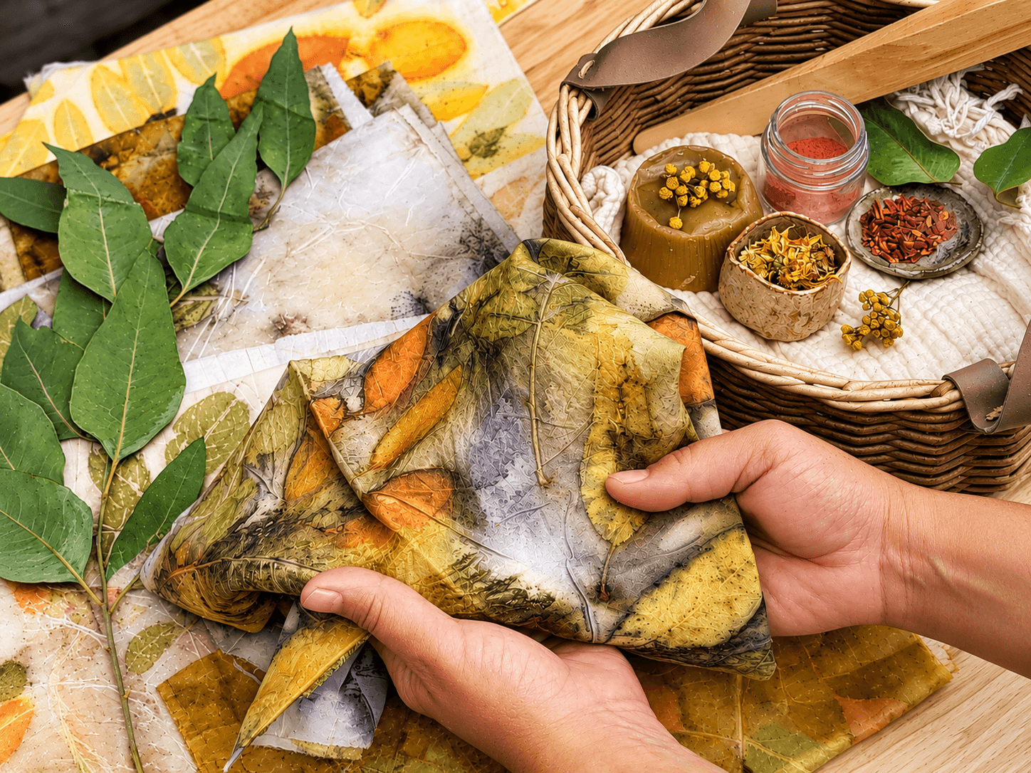 Eco-printed textile in hands