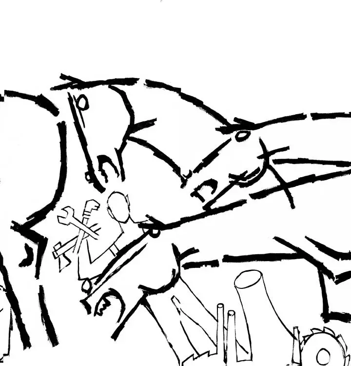 Lightning by M.F. Husain, Panels 3–4 — wild horses in Cubist style