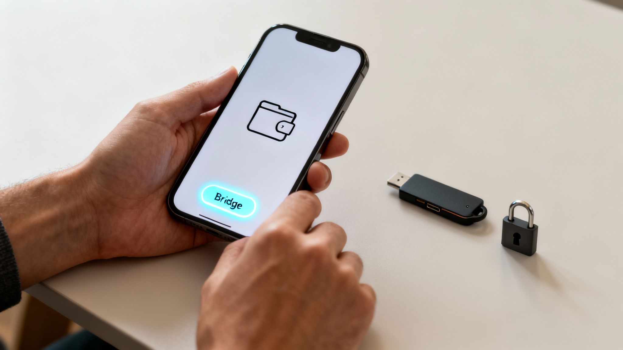 Hands holding a smartphone with a digital wallet and bridge button, next to a security USB and padlock.