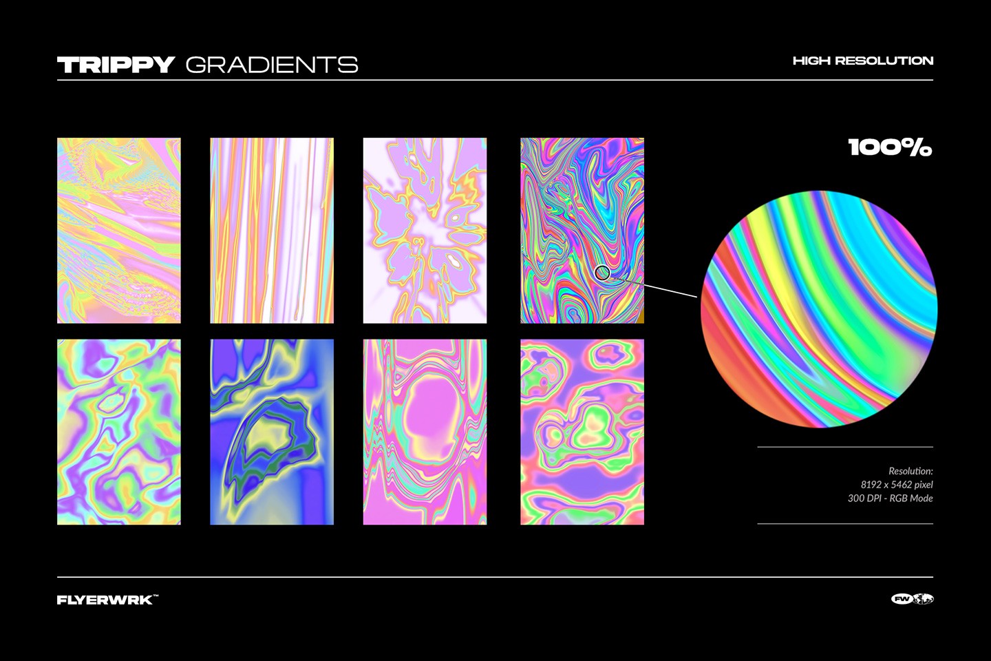 Trippy psychedelic backgrounds close up view showing high resolution 8K iridescent textures and grain detail