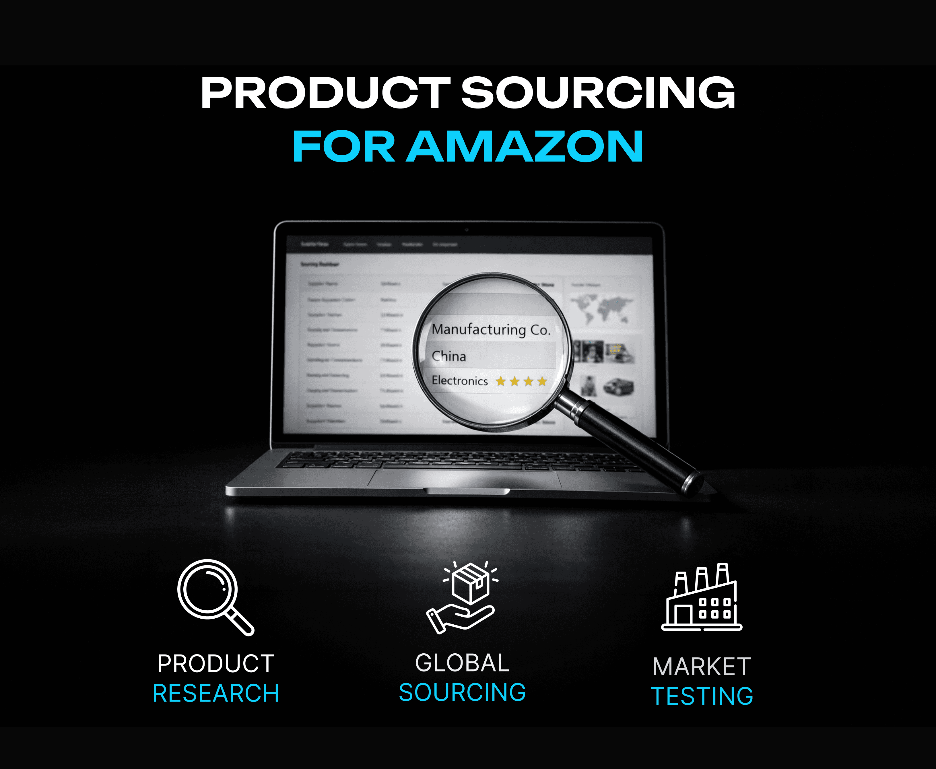 Man researching product sourcing strategies on a laptop, with illustrated global supply chain icons and Amazon logo in the background