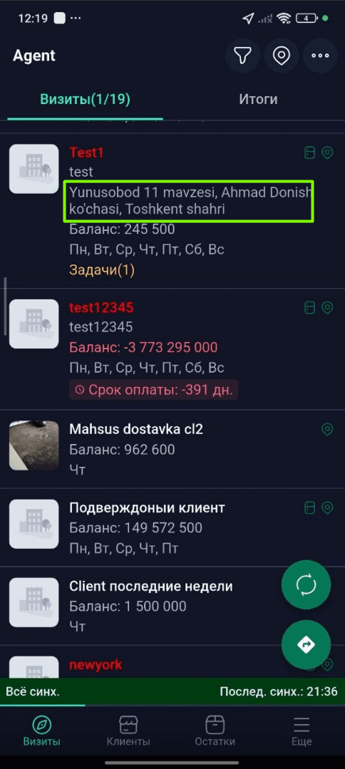 Mijozlar ro‘yxatida manzilni ko‘rish sales doctor