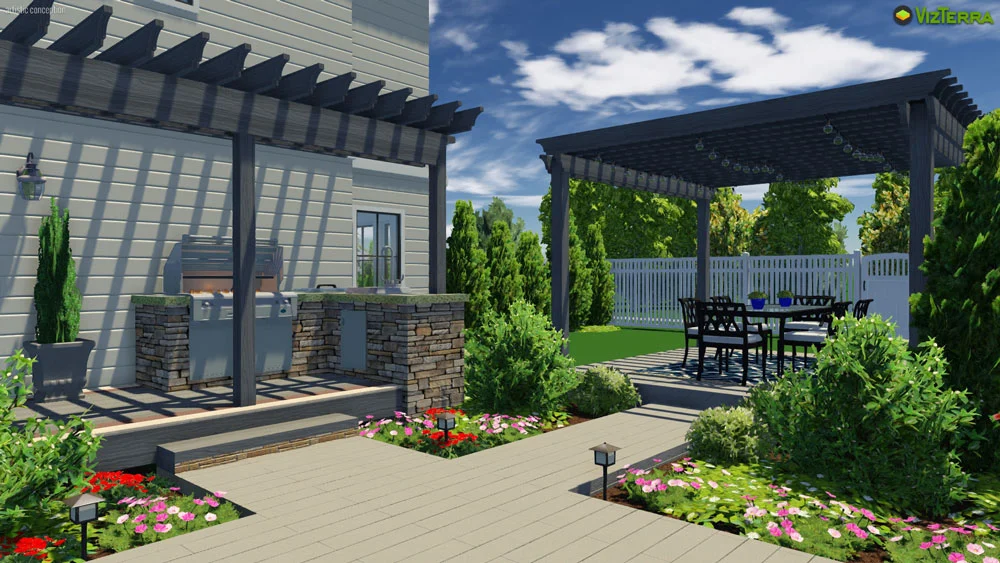 A serene garden scene featuring a modern house, patio, and lush greenery under a clear blue sky.