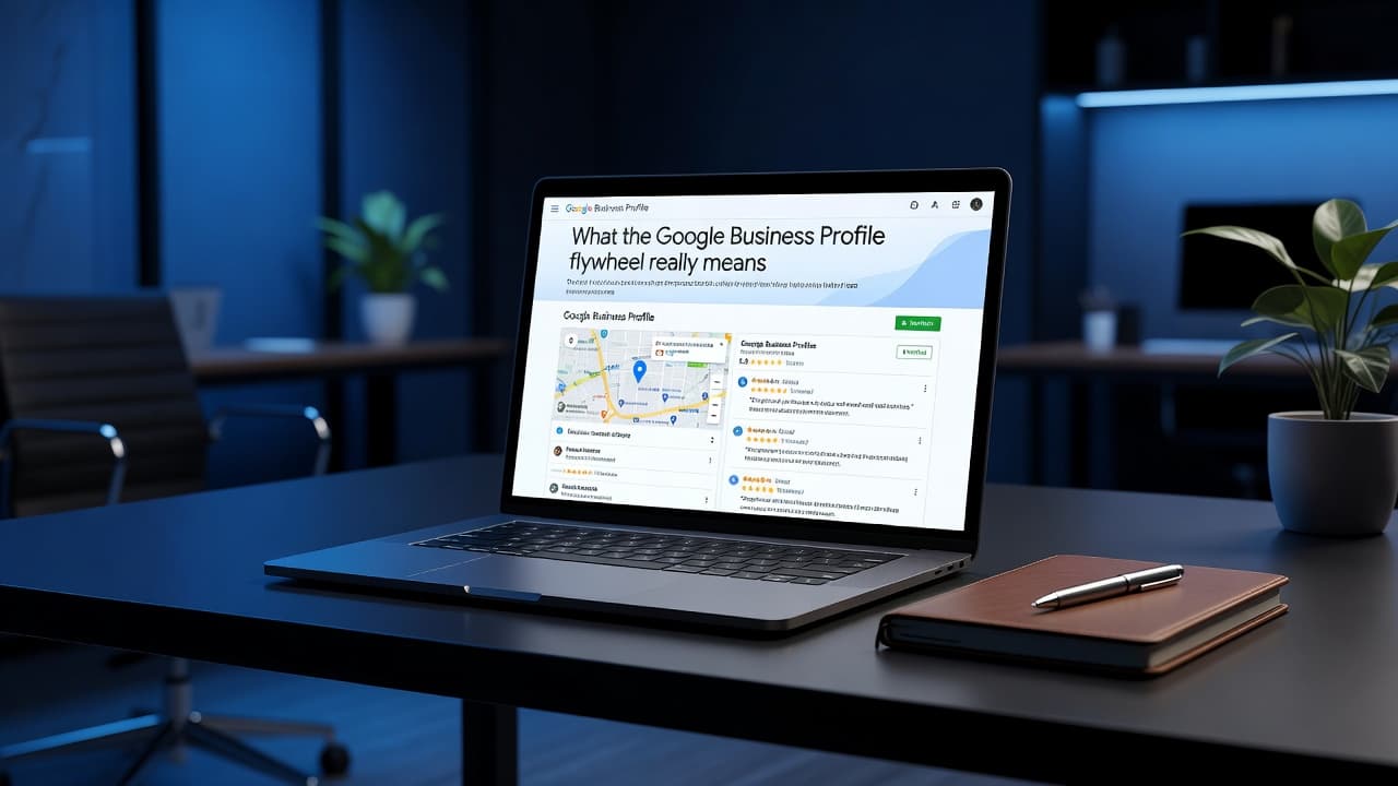 A sleek laptop sits on a dark desk, displaying an illuminated business profile map interface. Vivid blue accent lighting casts long shadows across the professional workspace, creating a high-contrast cinematic atmosphere.
