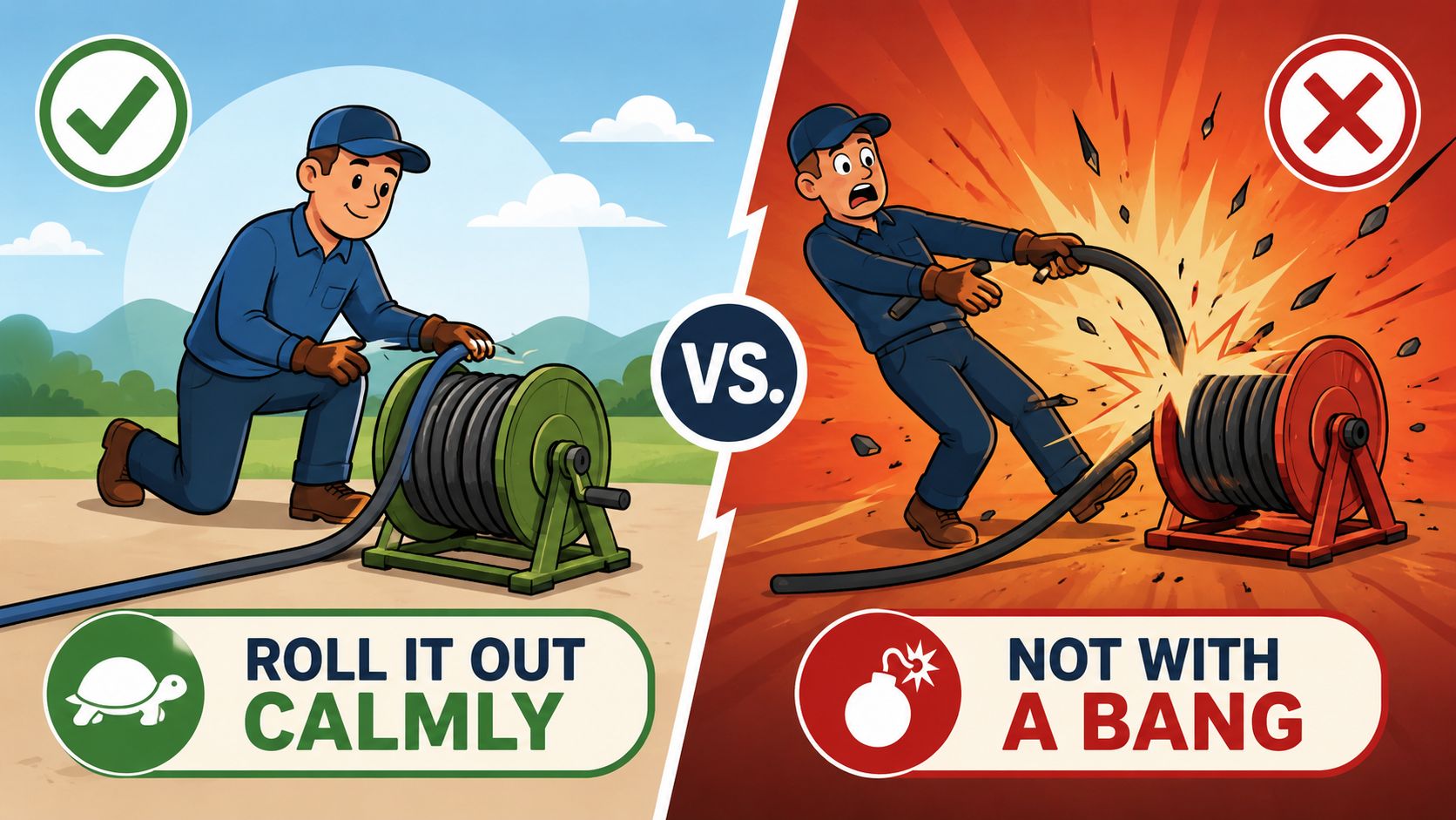A safety comparison illustration showing the correct, calm way to unroll a power cable versus an incorrect explosive method.