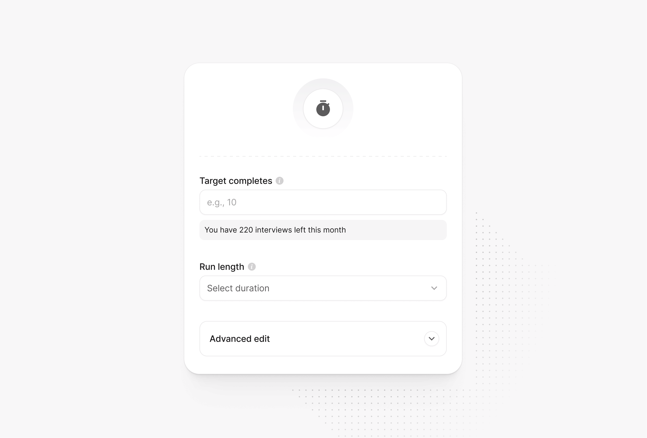 Study settings screen with fields for target completes, a run length selector, and an Advanced edit section for additional options.