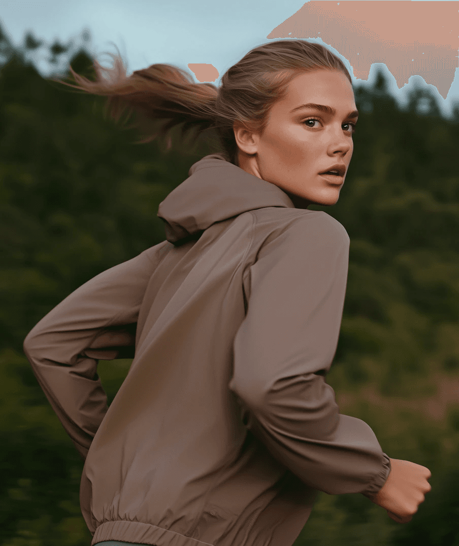 Woman in jacket meditating on rocks above a misty lake.