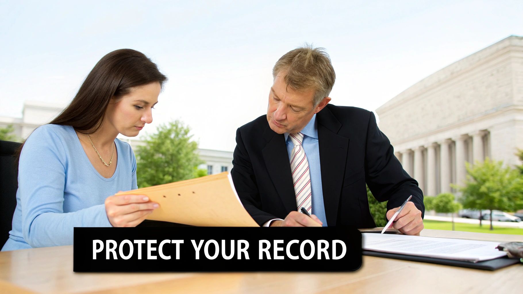 An attorney discussing payment options with a client in a modern law office.