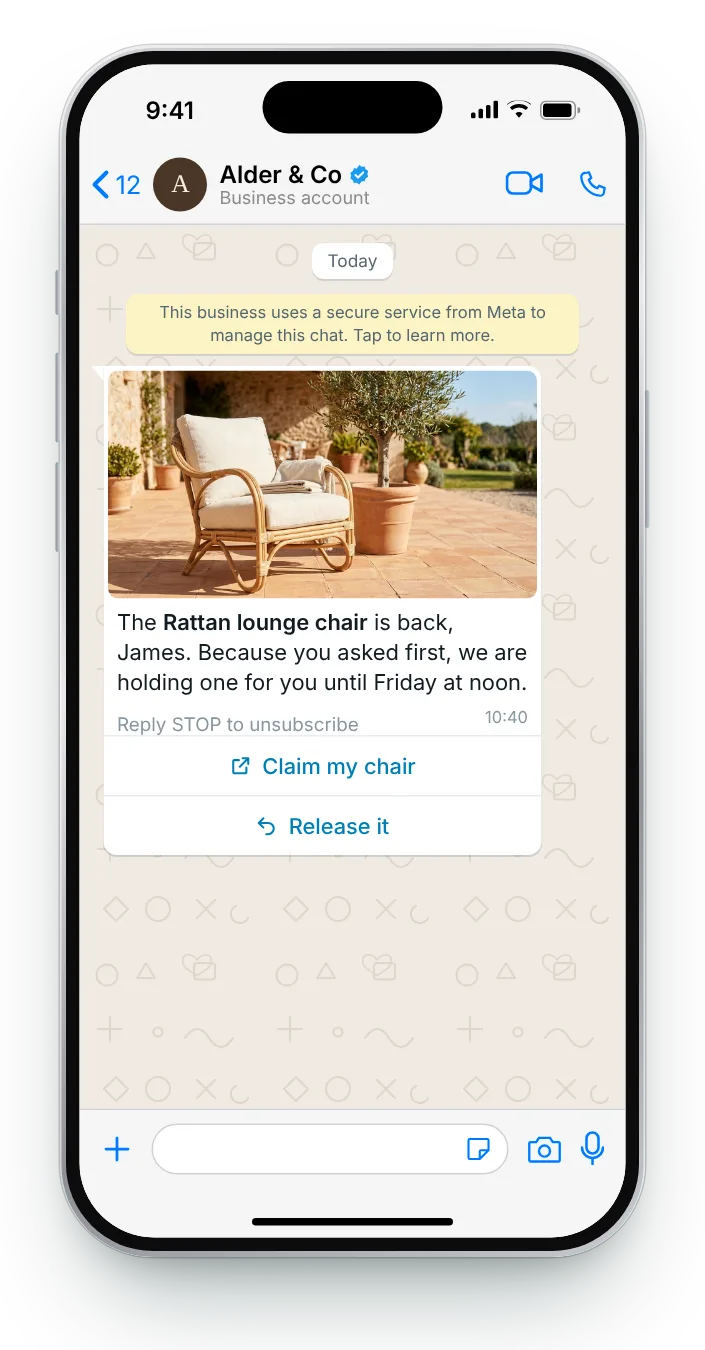 One held for the first sign-ups: WhatsApp restock alert on an iPhone