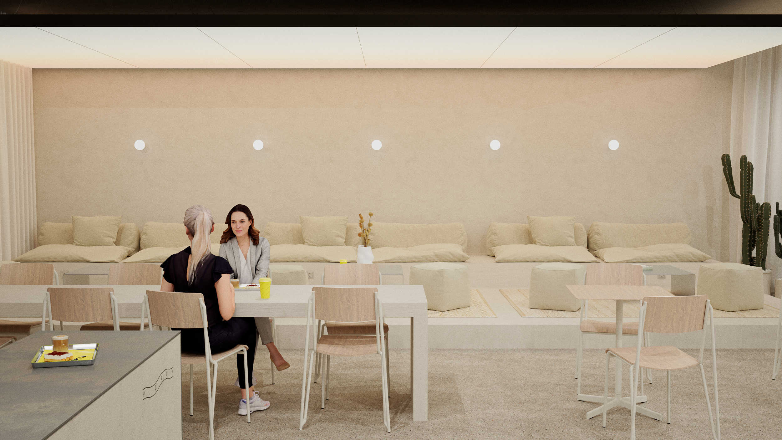 Frank & Stein café interior with soft geometric seating and warm material palette