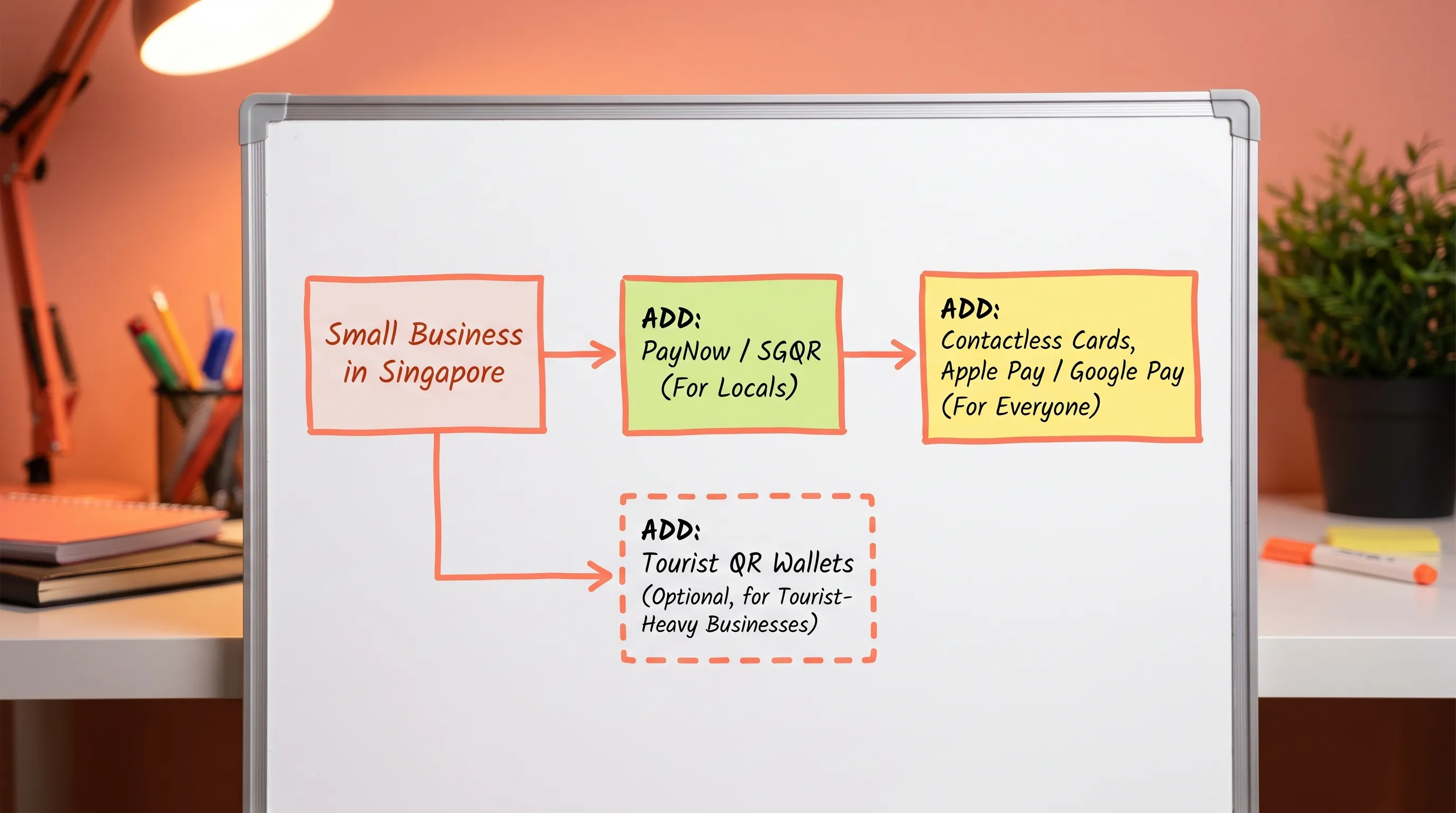 A simple decision diagram showing a Singapore small business payment mix: PayNow/SGQR for locals, contactless cards and Apple Pay/Google Pay for everyone, and optional tourist QR wallets for tourist-heavy businesses. The diagram has three boxes and arrows indicating when to add each method.