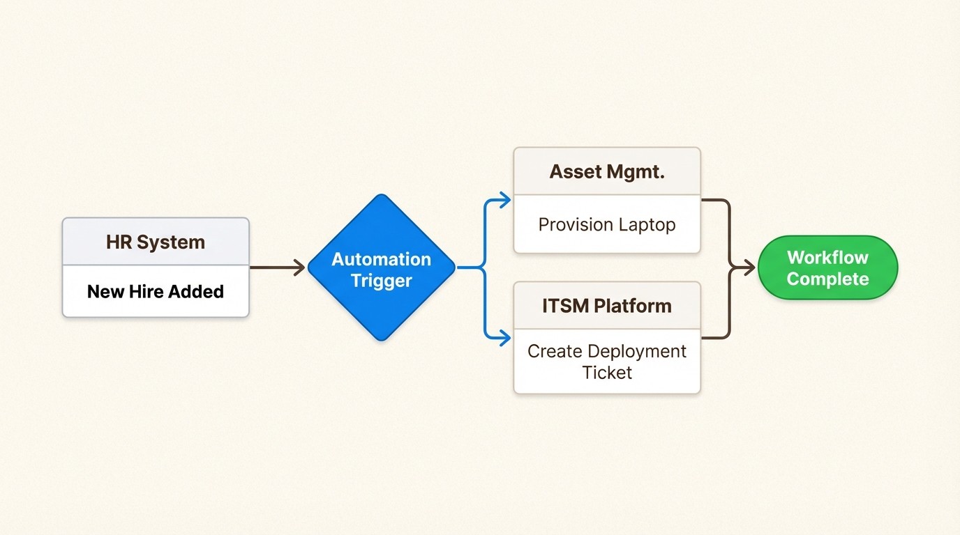 Integrating asset management with HR and ITSM systems eliminates manual data entry and speeds up employee onboarding processes.