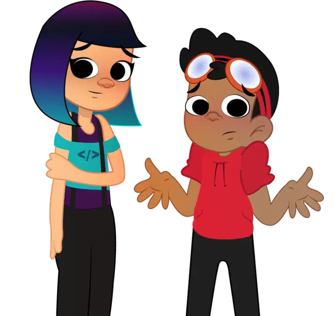 Ilustração do Pedro e da Bia com cara de receio e desentendimento