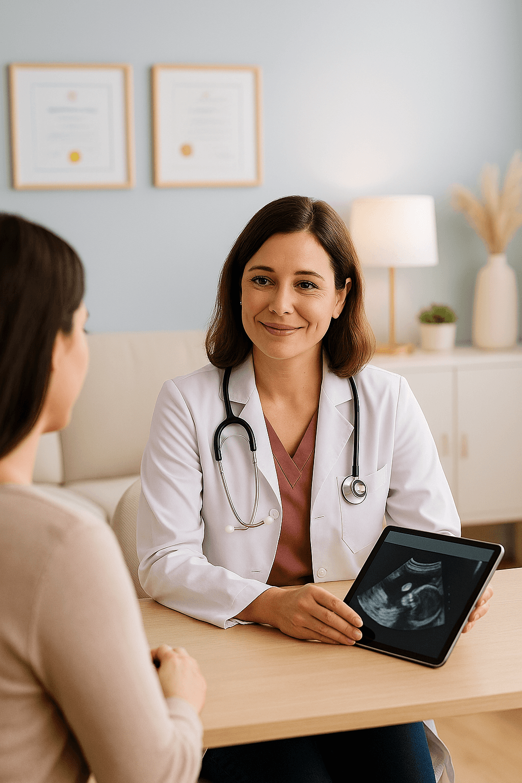 Gynaecologist presenting pregnancy ultrasound results during a consultation