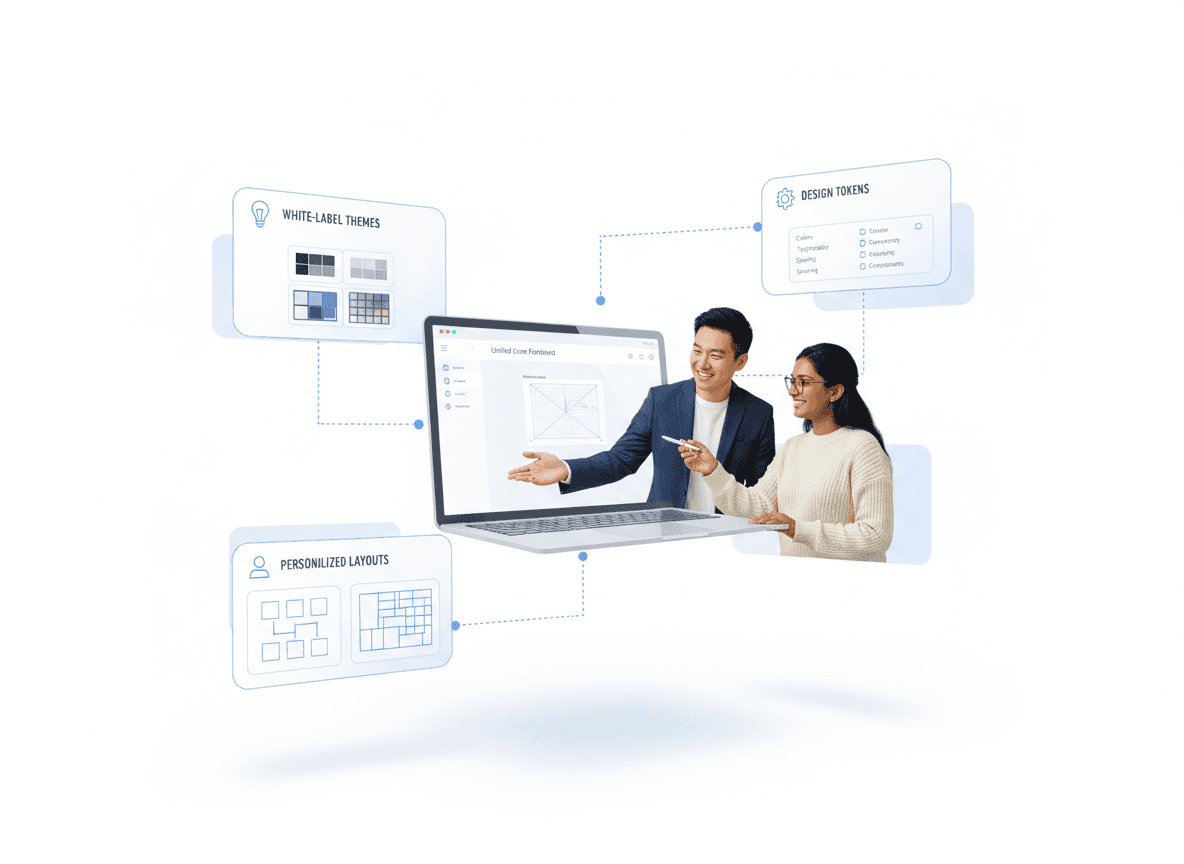 Frontend product development services showing customizable SaaS interface with white-label themes, design tokens, and personalized layouts for faster product launches