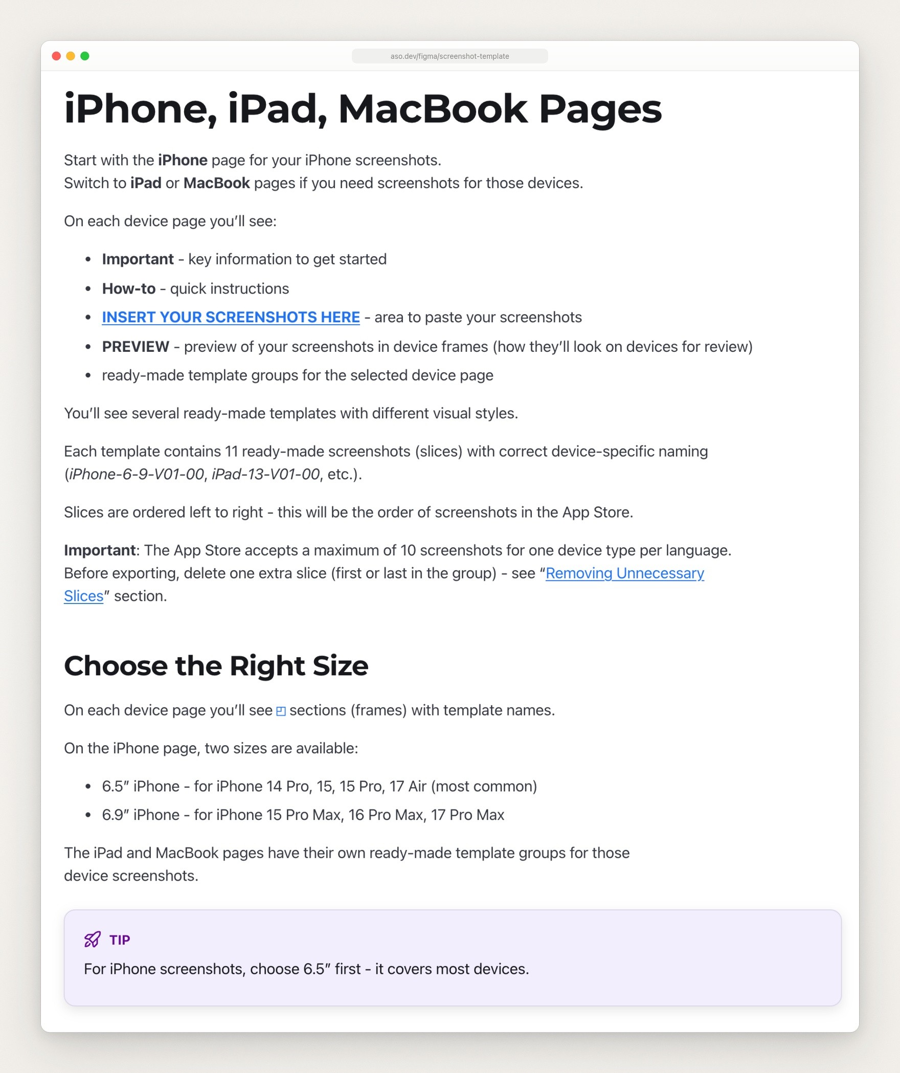 ASO.dev’s guide to its Figma template, open at the iPhone, iPad, MacBook Pages section, saying each template has 11 screenshots and the App Store takes at most 10