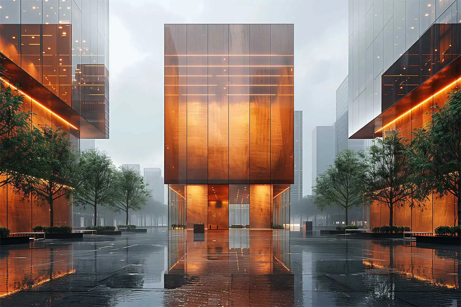 Modern glass buildings with illuminated facades and trees on a rainy day