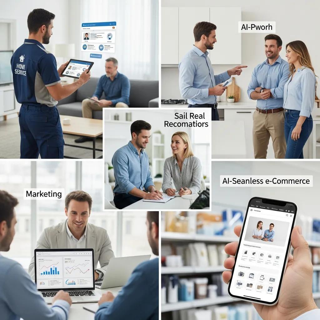 Collage of industries utilizing AI sales agents including home services, real estate, marketing, and e-commerce