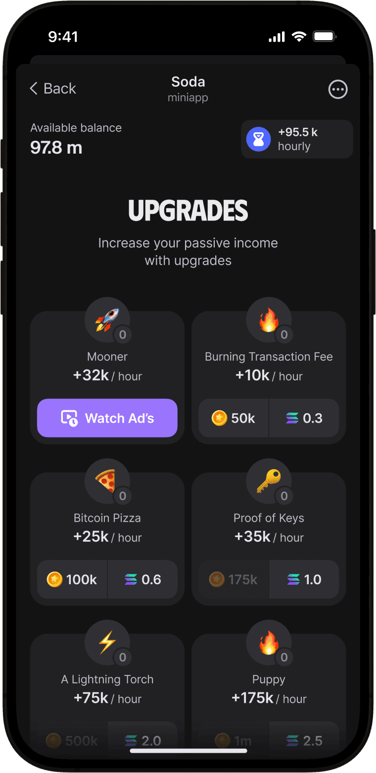 Mobile app screen showing upgrade options to increase passive income, such as 'Mooner' and 'Bitcoin Pizza,' with corresponding hourly income boosts and costs in tokens