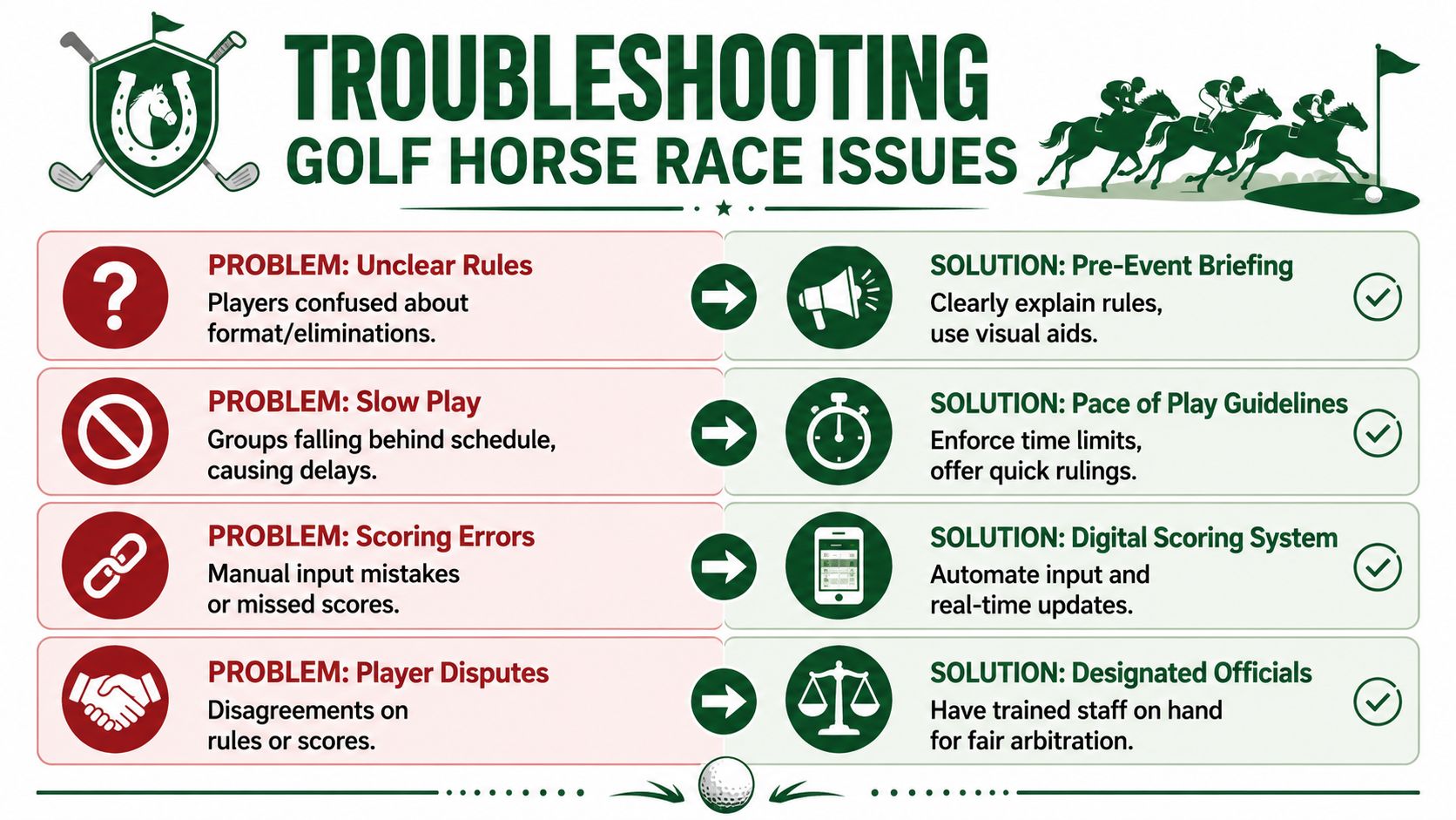 An infographic titled Troubleshooting Golf Horse Race Issues presenting common problems and their corresponding solutions.