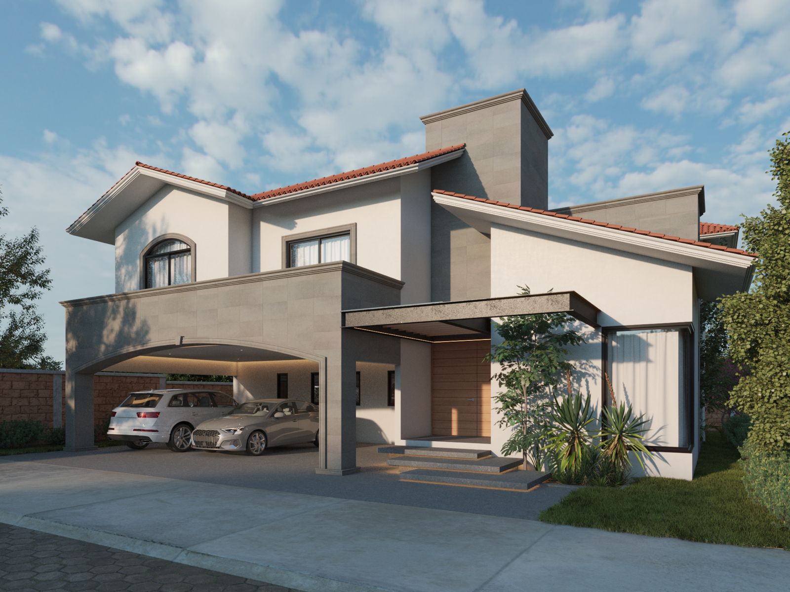 Modern white three-story building with lush greenery on balconies, set against a clear sky. A sleek black car drives by on a tree-lined street.