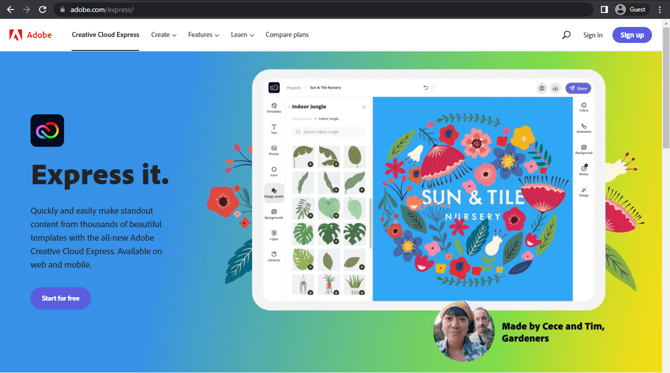 adobe creative cloud express landing page