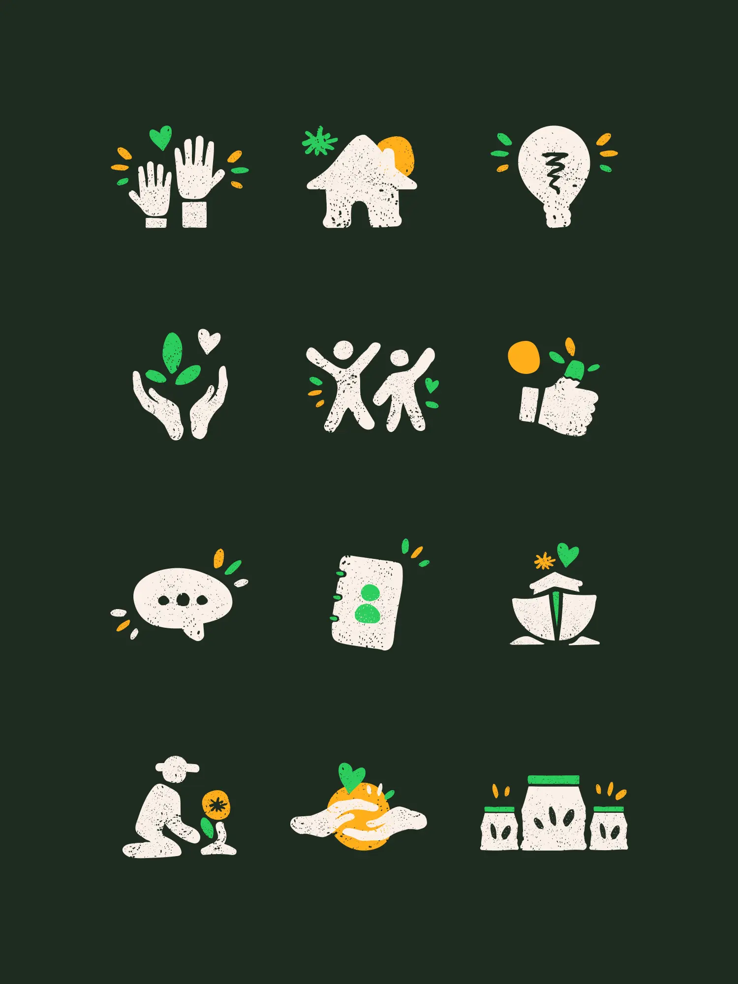 Raster aus zwölf handgezeichneten Werte-Icons auf Dunkelgrün