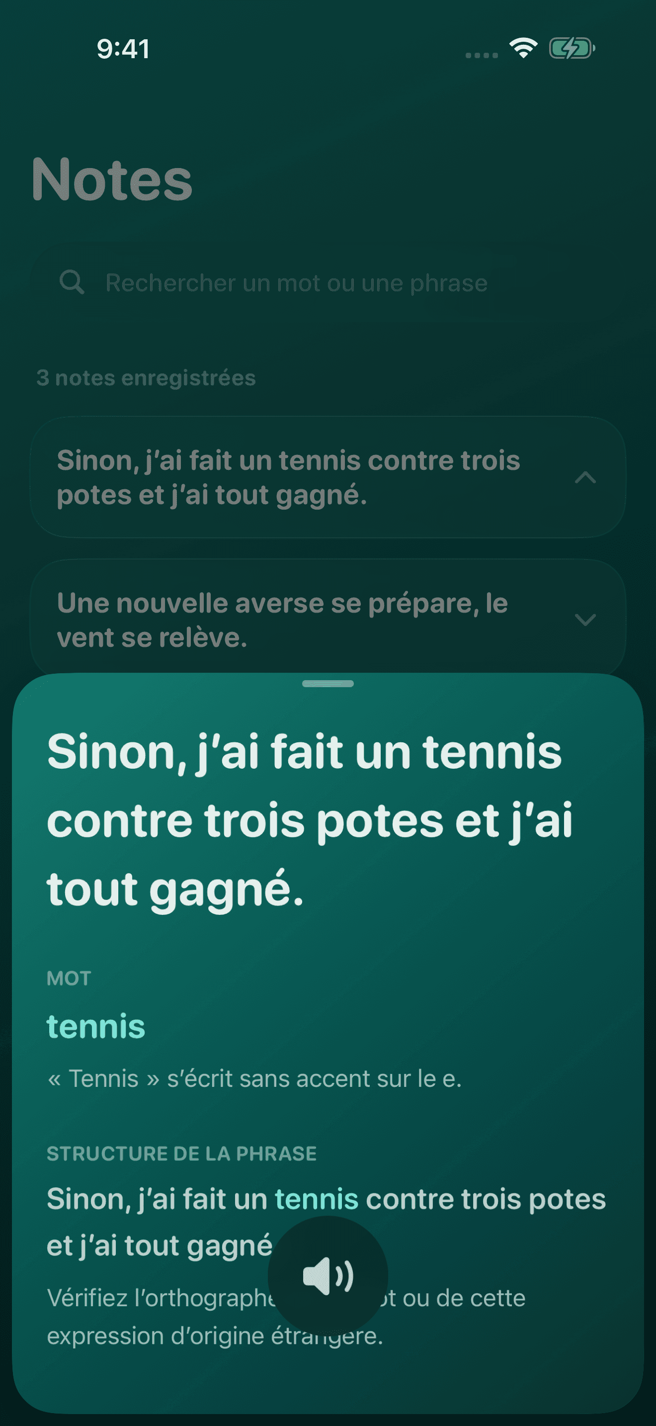 Notes enregistrées avec leurs explications en français