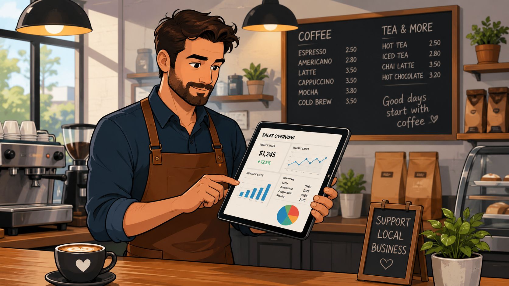 Ilustración del dueño de una cafetería analizando los datos de ventas en una tableta en el mostrador de su negocio.