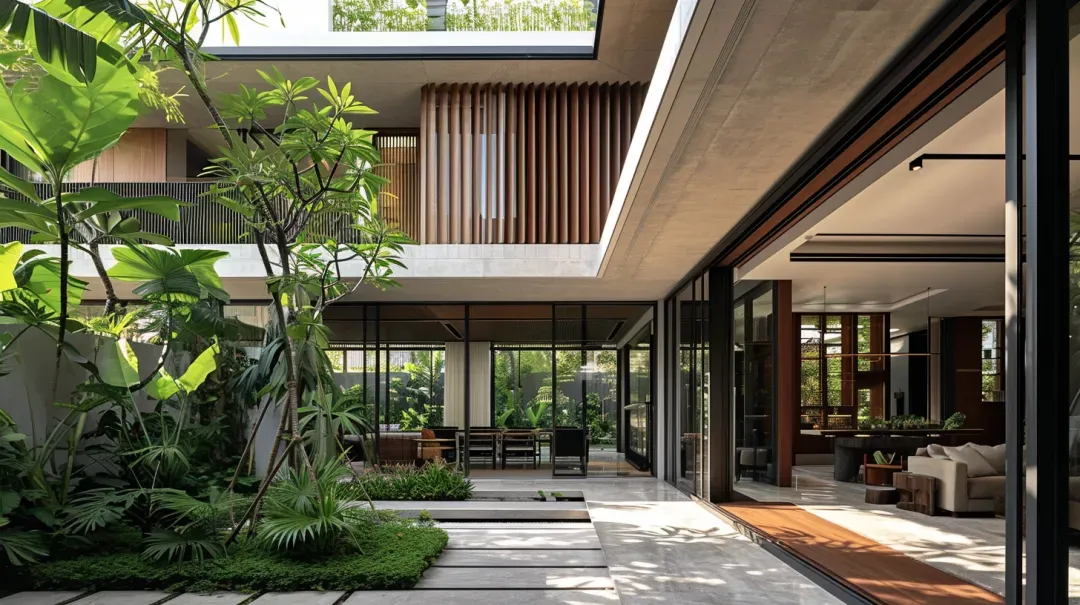 Tropical modern courtyard with interior garden, wooden slat screens, and covered walkway connecting glass-walled rooms