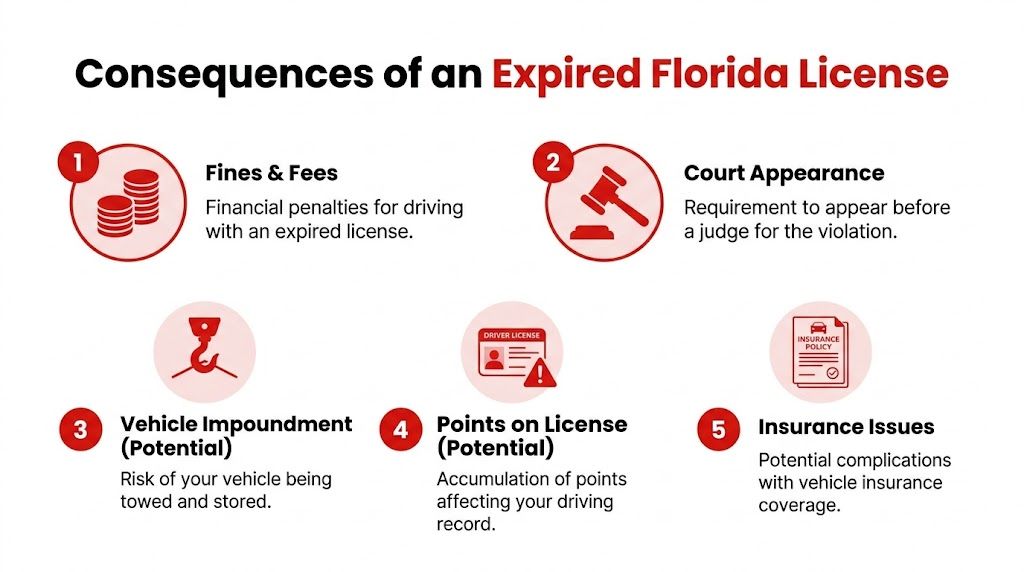 An infographic detailing five potential legal and financial consequences of driving with an expired Florida driver license.