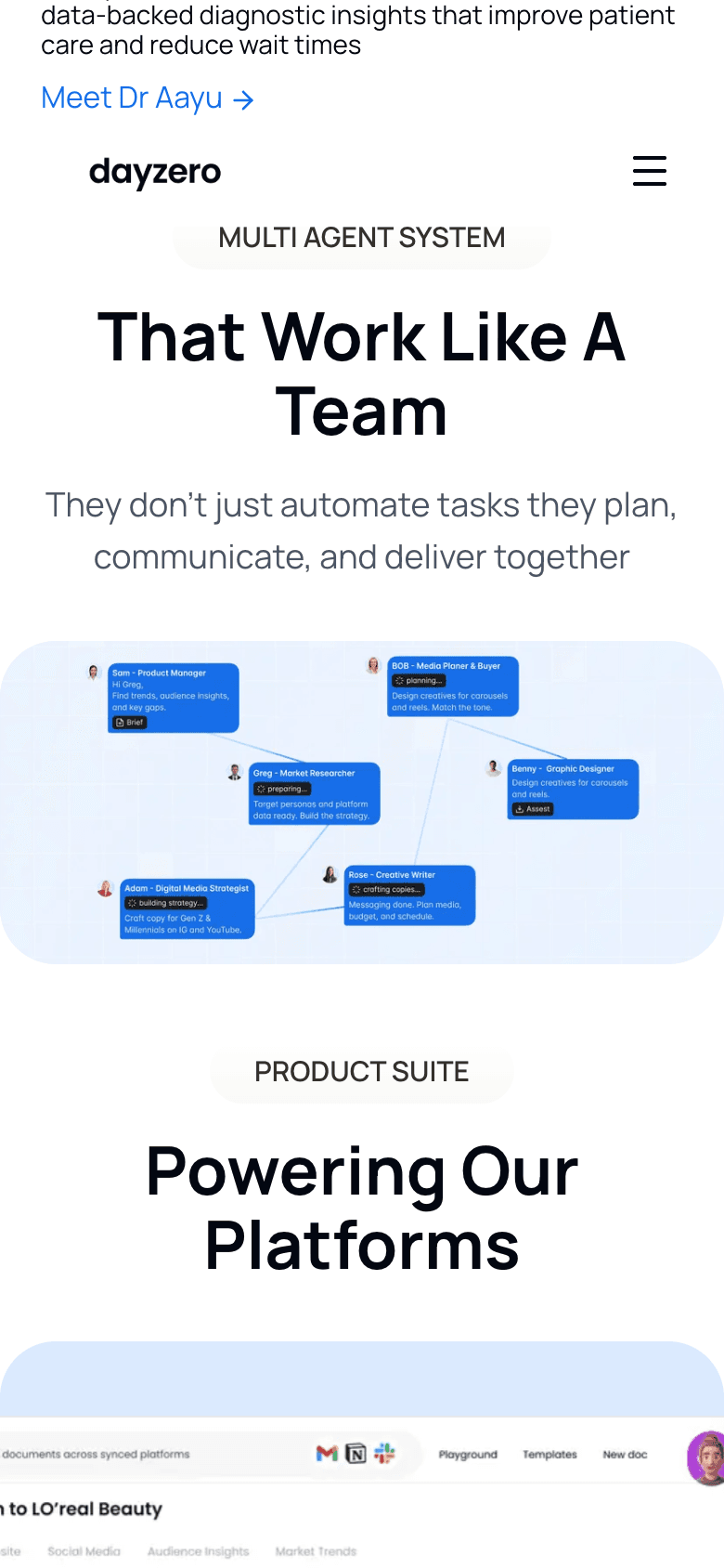 The same multi-agent team section on a 390 px phone screen, with the heading above a scaled network diagram