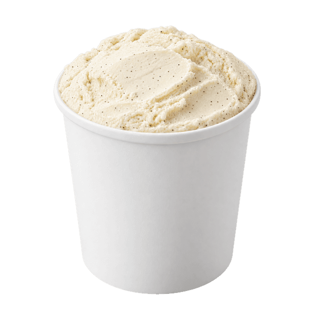 Vanilla bean ice cream in an open white take-home pint tub.
