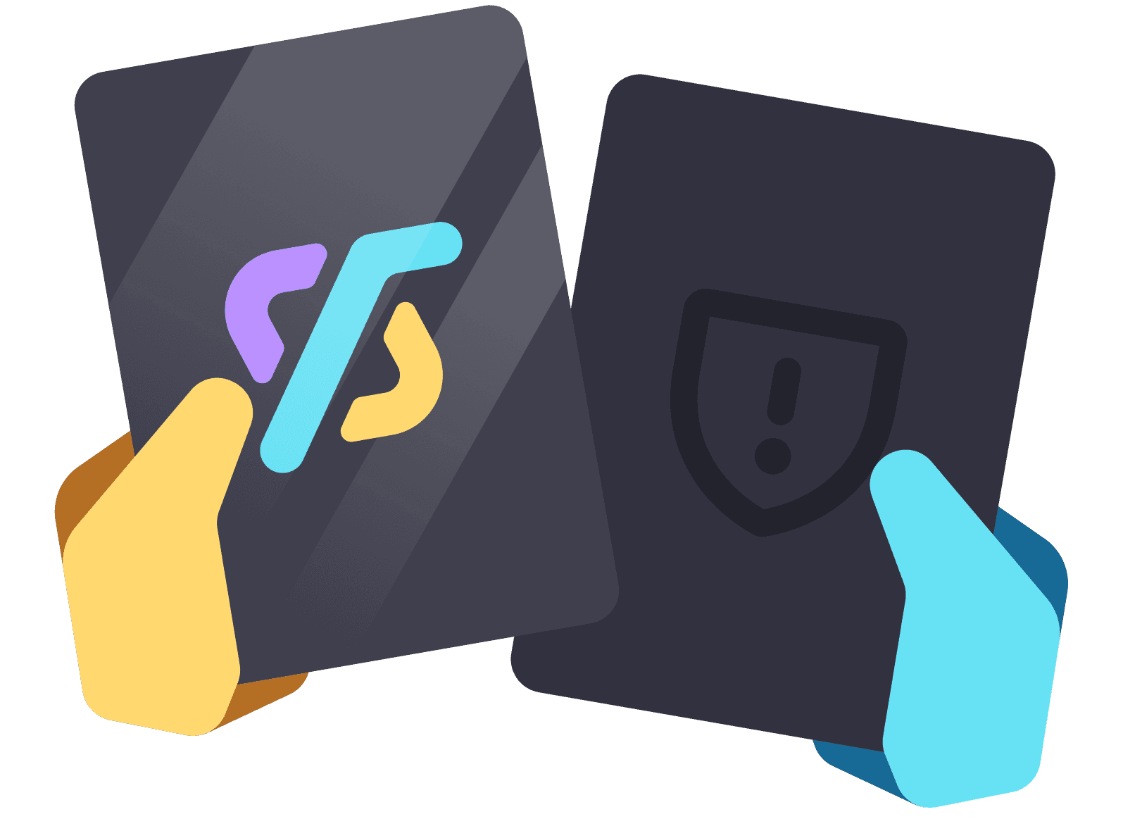 Two hands hold dark cards: one with a coding logo, the other a shield with an exclamation mark.