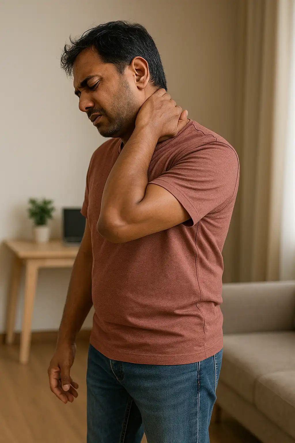 A person demonstrating discomfort caused by poor posture, showing strain in the neck, shoulders, or back due to prolonged slouching or misalignment.