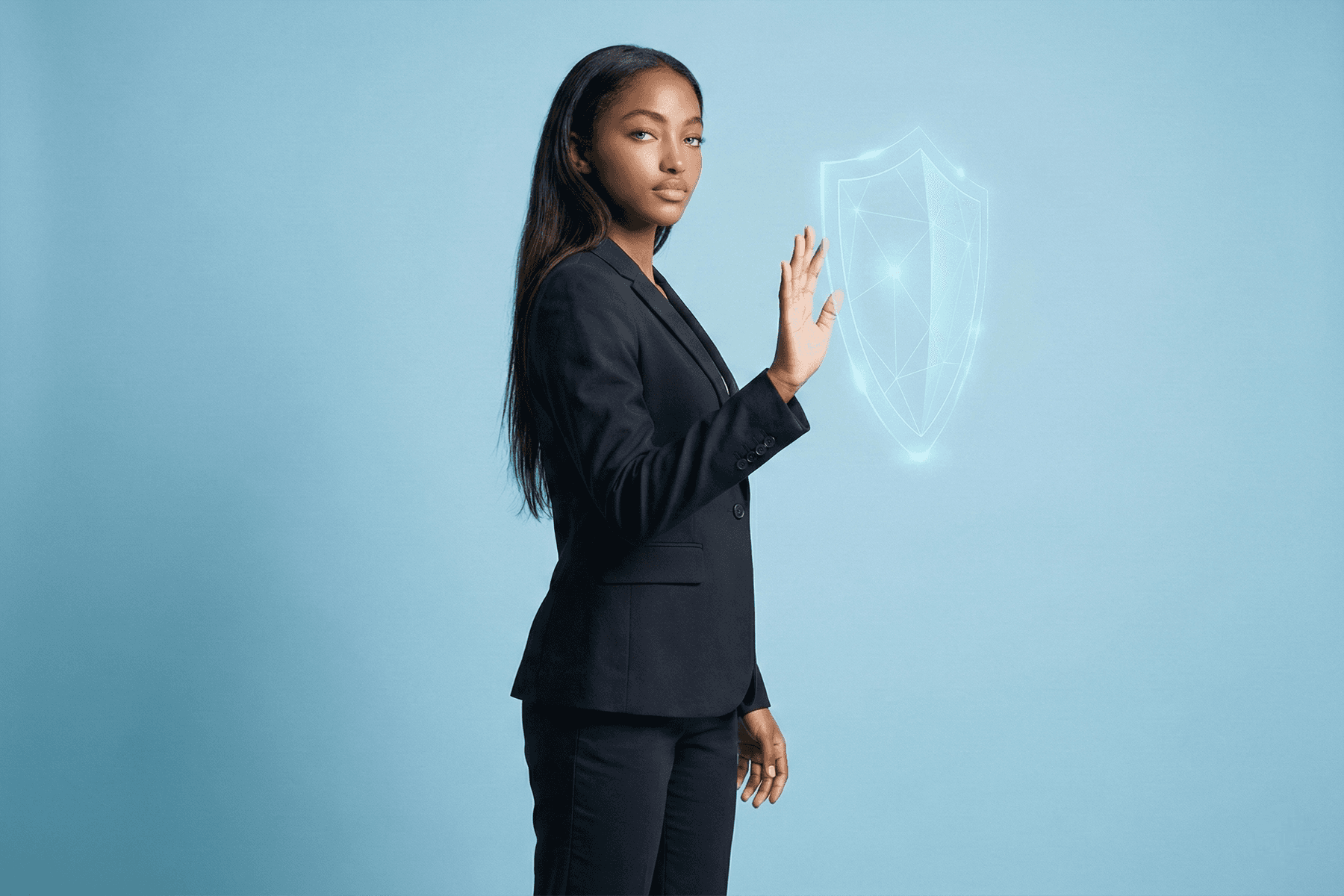 Professionelle Website Wartung und Pflege: Beraterin schützt digitales System mit Sicherheits-Symbol – stabile, sichere Webseiten-Betreuung für Unternehmen in Köln, Bergisch Gladbach und Rhein-Berg.