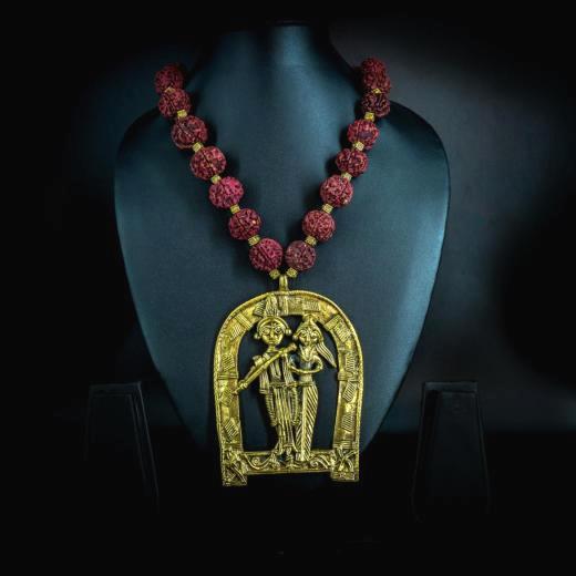 Handcrafted dokra brass radha krishna statement necklace with rudraksha beads